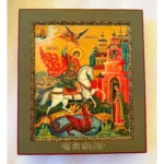 saint george icon with white horse and dragon
