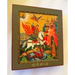 saint george icon with white horse and dragon