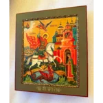 saint george icon with white horse and dragon