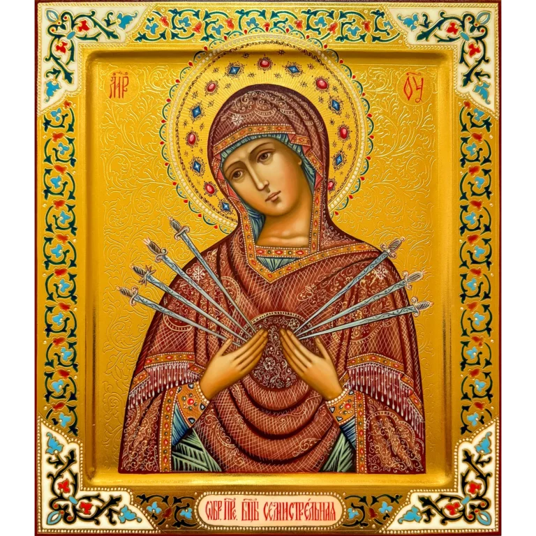 seven arrows mother of god icon with chased gold